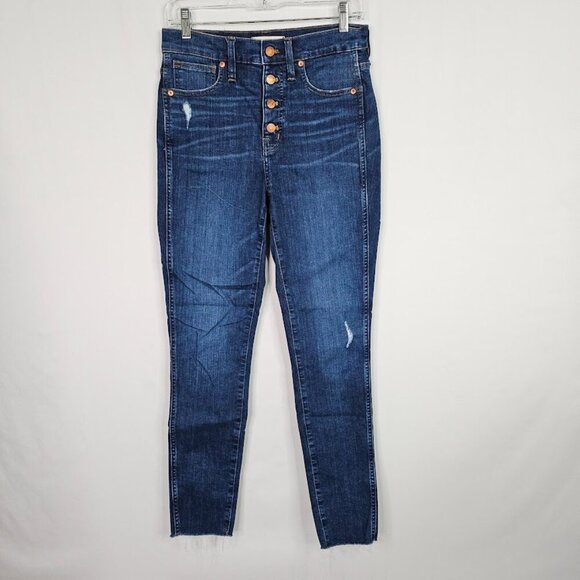 MADEWELL High Rise Jeans MEDIUM WASH BLUE size 27 Button Fly Skinny Distressed - Picture 2 of 10